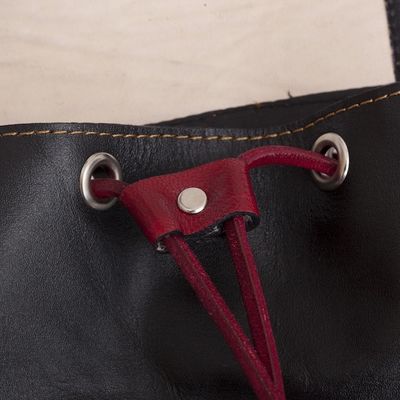 Alternate image for Handcrafted Crimson and Black Leather Backpack from Peru Ancient Elegance