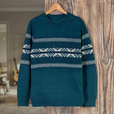 Alternate image for Mens Knit Teal Sweater Made from 100 Alpaca in Peru Andean Teal Sky