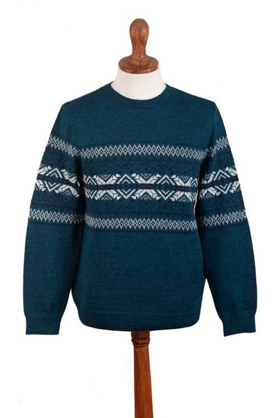 Alternate image for Mens Knit Teal Sweater Made from 100 Alpaca in Peru Andean Teal Sky