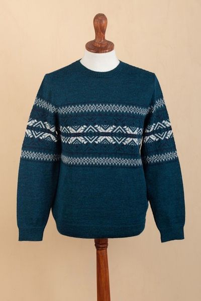 Alternate image for Mens Knit Teal Sweater Made from 100 Alpaca in Peru Andean Teal Sky