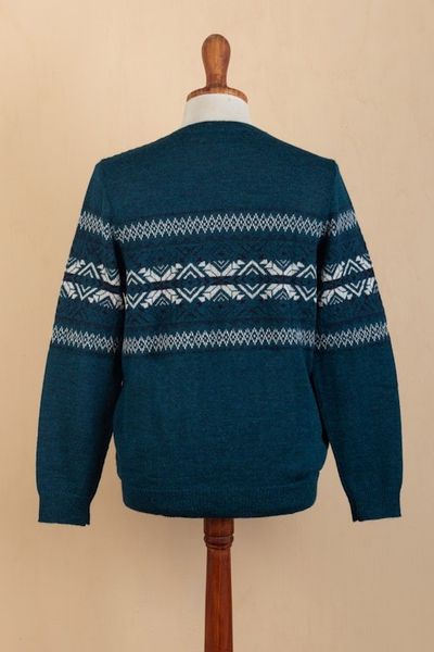 Alternate image for Mens Knit Teal Sweater Made from 100 Alpaca in Peru Andean Teal Sky