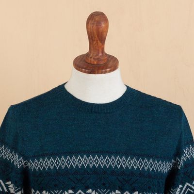 Alternate image for Mens Knit Teal Sweater Made from 100 Alpaca in Peru Andean Teal Sky