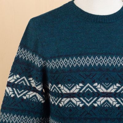 Alternate image for Mens Knit Teal Sweater Made from 100 Alpaca in Peru Andean Teal Sky