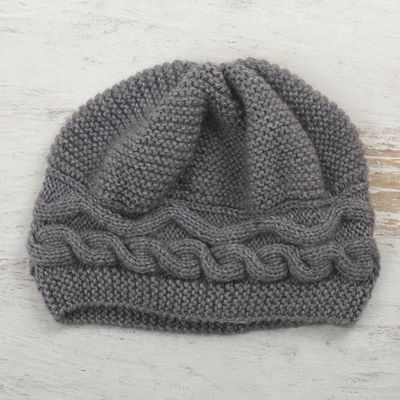 Alternate image for Hand-Knit Grey Alpaca Blend Cozy Winter Hat Gentle Grey Waves