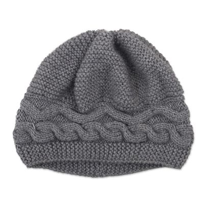 Alternate image for Hand-Knit Grey Alpaca Blend Cozy Winter Hat Gentle Grey Waves