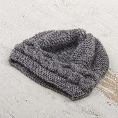Alternate image for Hand-Knit Grey Alpaca Blend Cozy Winter Hat Gentle Grey Waves