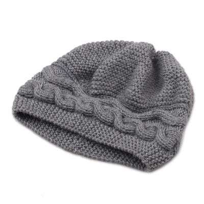 Alternate image for Hand-Knit Grey Alpaca Blend Cozy Winter Hat Gentle Grey Waves