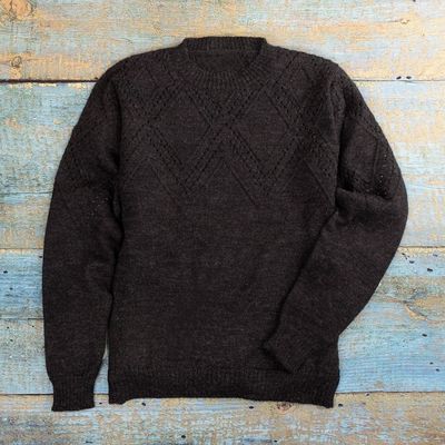 Alternate image for Mens 100 Alpaca Sweater with Black Geometric Pattern Night Rhombus
