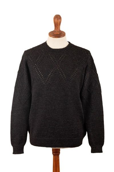 Alternate image for Mens 100 Alpaca Sweater with Black Geometric Pattern Night Rhombus