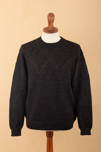 Alternate image for Mens 100 Alpaca Sweater with Black Geometric Pattern Night Rhombus