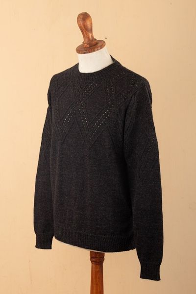 Alternate image for Mens 100 Alpaca Sweater with Black Geometric Pattern Night Rhombus