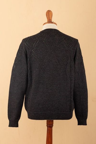 Alternate image for Mens 100 Alpaca Sweater with Black Geometric Pattern Night Rhombus