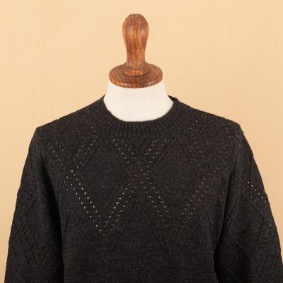 Alternate image for Mens 100 Alpaca Sweater with Black Geometric Pattern Night Rhombus