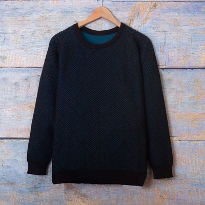 Alternate image for Mens Alpaca Blend Sweater in Black and Azure Made in Peru Textures Azure Diamonds