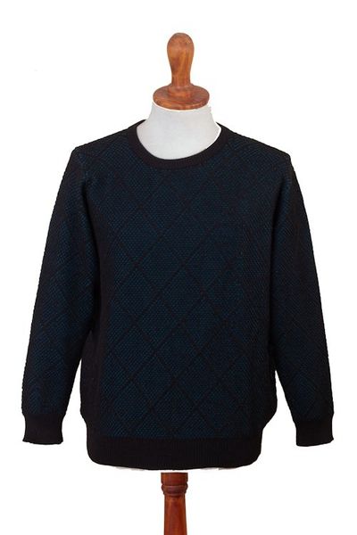 Alternate image for Mens Alpaca Blend Sweater in Black and Azure Made in Peru Textures Azure Diamonds