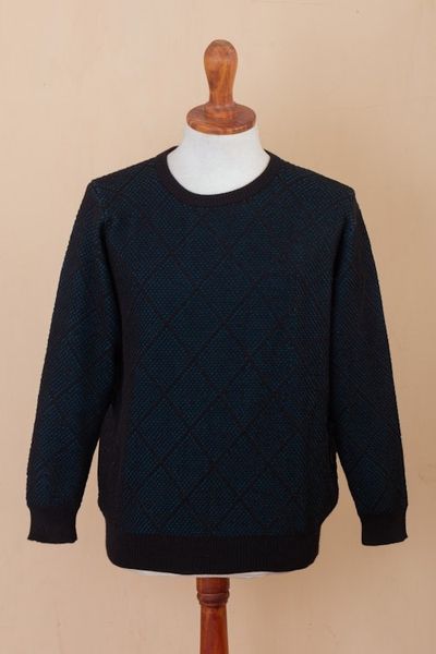Alternate image for Mens Alpaca Blend Sweater in Black and Azure Made in Peru Textures Azure Diamonds