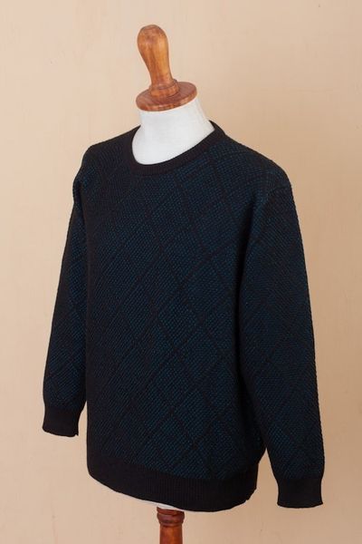 Alternate image for Mens Alpaca Blend Sweater in Black and Azure Made in Peru Textures Azure Diamonds