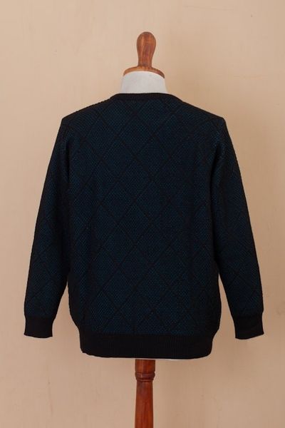 Alternate image for Mens Alpaca Blend Sweater in Black and Azure Made in Peru Textures Azure Diamonds