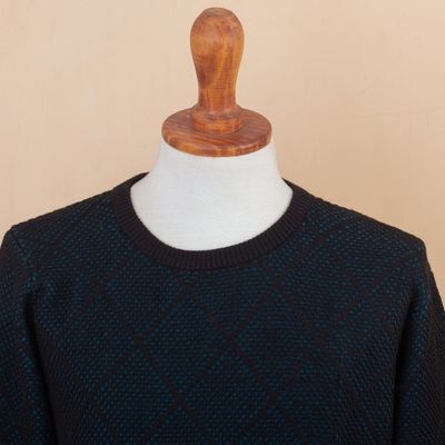 Alternate image for Mens Alpaca Blend Sweater in Black and Azure Made in Peru Textures Azure Diamonds