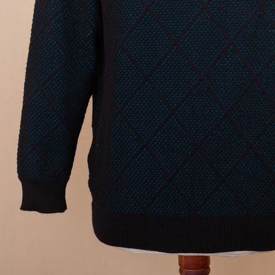 Alternate image for Mens Alpaca Blend Sweater in Black and Azure Made in Peru Textures Azure Diamonds