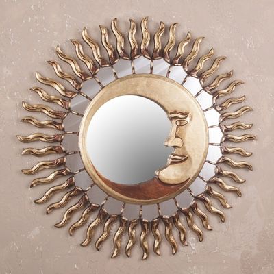 Alternate image for Sun and Moon Themed Bronze Leaf Wood Wall Mirror Cuzco Eclipse