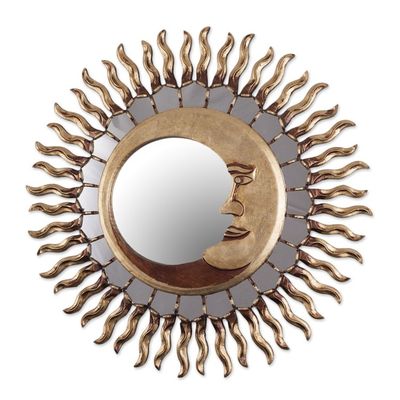 Alternate image for Sun and Moon Themed Bronze Leaf Wood Wall Mirror Cuzco Eclipse