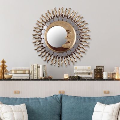 Alternate image for Sun and Moon Themed Bronze Leaf Wood Wall Mirror Cuzco Eclipse