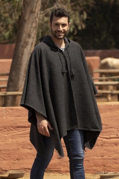 Alternate image for Graphite Grey Alpaca Blend Hooded Poncho for Men Highlands Grey