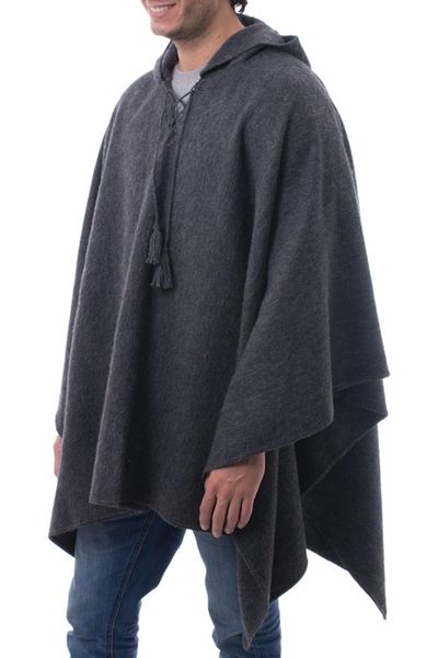 Alternate image for Graphite Grey Alpaca Blend Hooded Poncho for Men Highlands Grey
