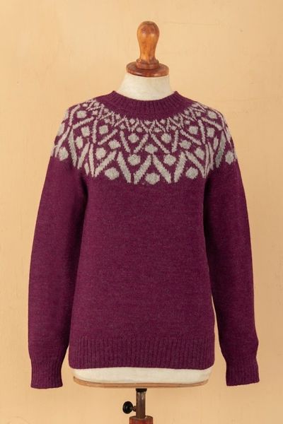Alternate image for Geometric Burgundy and Grey 100 Alpaca Pullover Sweater Burgundy Geometry