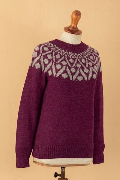 Alternate image for Geometric Burgundy and Grey 100 Alpaca Pullover Sweater Burgundy Geometry