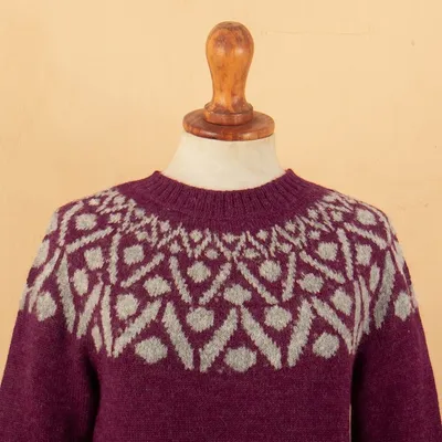 Alternate image for Geometric Burgundy and Grey 100 Alpaca Pullover Sweater Burgundy Geometry