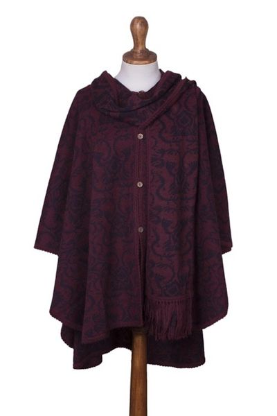 Alternate image for Alpaca Blend Wine and Purple Ruana with Scarf Peruvian Wildflower in Red