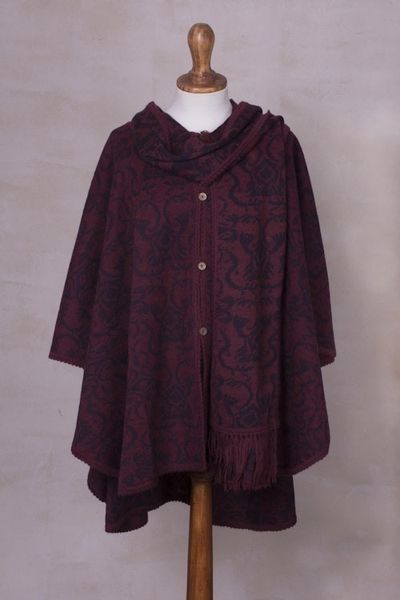 Alternate image for Alpaca Blend Wine and Purple Ruana with Scarf Peruvian Wildflower in Red