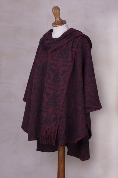 Alternate image for Alpaca Blend Wine and Purple Ruana with Scarf Peruvian Wildflower in Red