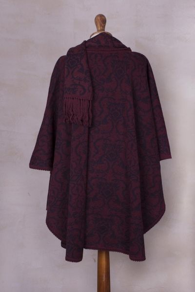 Alternate image for Alpaca Blend Wine and Purple Ruana with Scarf Peruvian Wildflower in Red