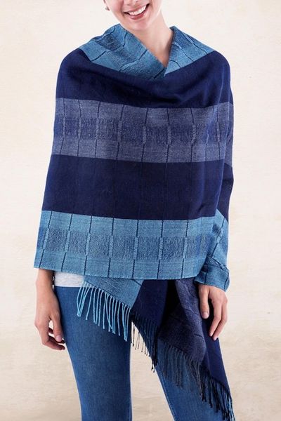 Alternate image for Alpaca Wool Patterned Shawl Huancayo Blues