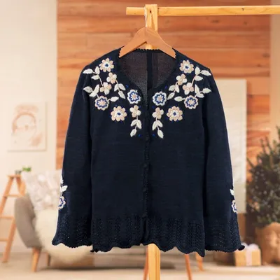 Alternate image for Crocheted Alpaca Cotton Cardigan with Floral Hand Embroidery Garden Bloom