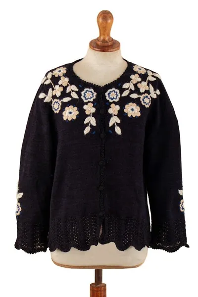 Alternate image for Crocheted Alpaca Cotton Cardigan with Floral Hand Embroidery Garden Bloom