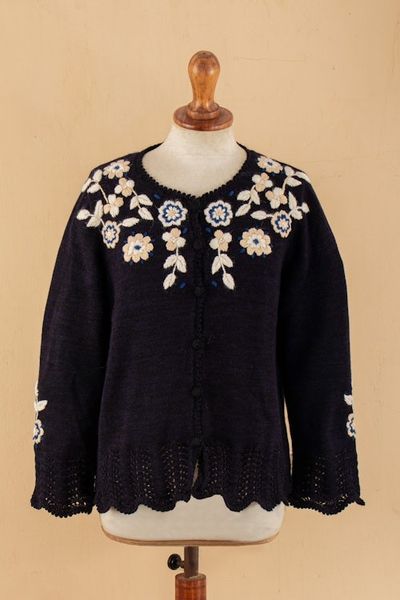 Alternate image for Crocheted Alpaca Cotton Cardigan with Floral Hand Embroidery Garden Bloom