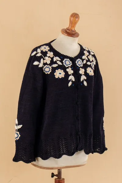 Alternate image for Crocheted Alpaca Cotton Cardigan with Floral Hand Embroidery Garden Bloom