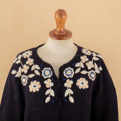 Alternate image for Crocheted Alpaca Cotton Cardigan with Floral Hand Embroidery Garden Bloom