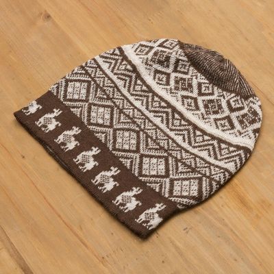 Alternate image for Chestnut Brown and Ivory Diamond Motif Alpaca Blend Knit Hat Alpaca Parade in Brown