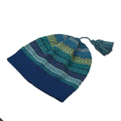 Alternate image for Shades of Blue and Green 100 Alpaca Knit Hat with Tassel Sea Dreams