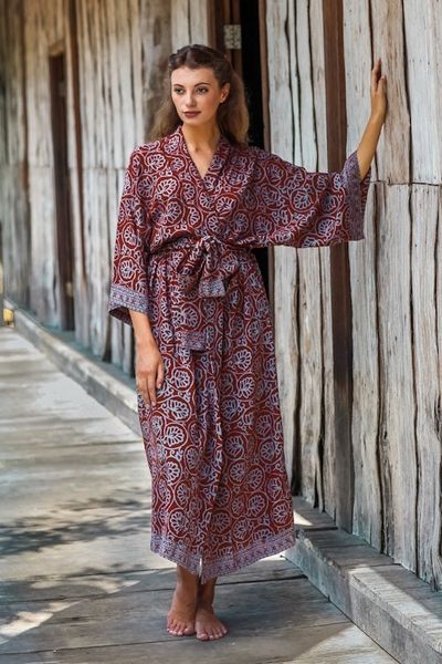 Alternate image for Womens Grey and Burgundy Hand Stamped Batik Belted Robe Morning Aster