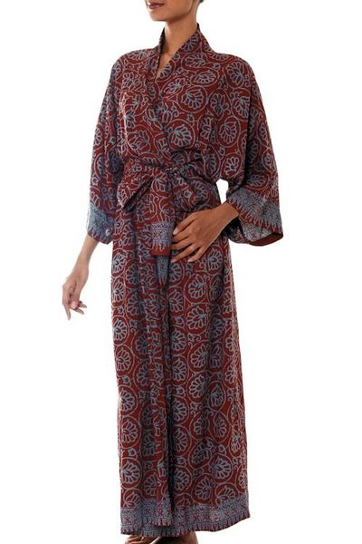 Alternate image for Womens Grey and Burgundy Hand Stamped Batik Belted Robe Morning Aster