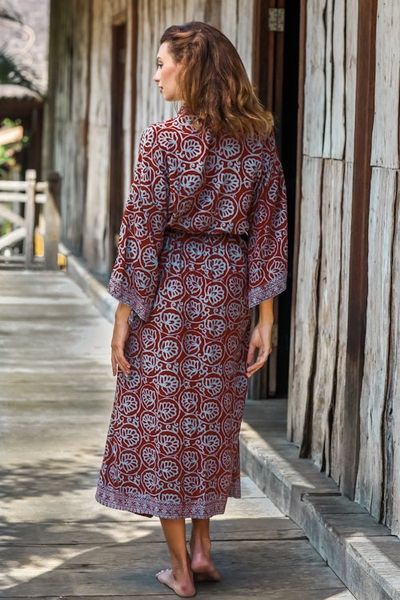 Alternate image for Womens Grey and Burgundy Hand Stamped Batik Belted Robe Morning Aster