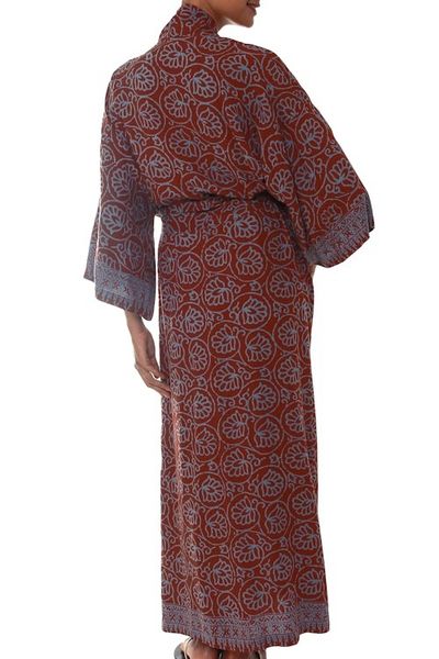 Alternate image for Womens Grey and Burgundy Hand Stamped Batik Belted Robe Morning Aster