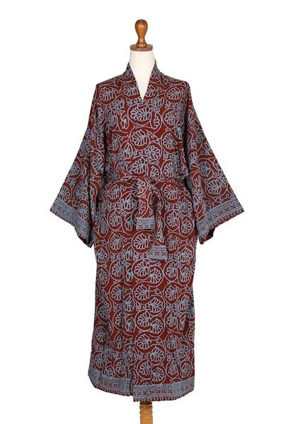Alternate image for Womens Grey and Burgundy Hand Stamped Batik Belted Robe Morning Aster