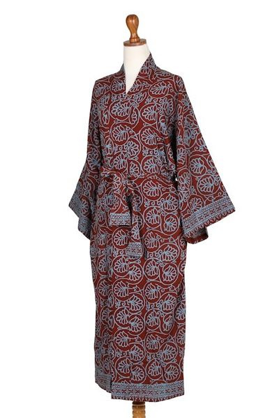 Alternate image for Womens Grey and Burgundy Hand Stamped Batik Belted Robe Morning Aster